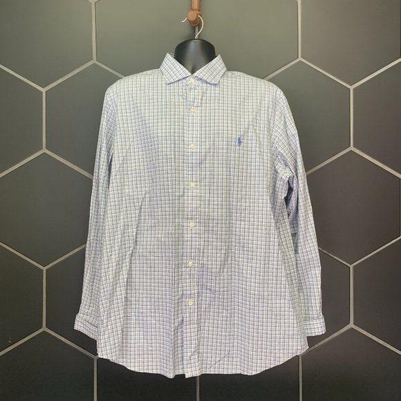-Used! Mens Ralph Lauren Polo Blue Grey Checkered Long Sleeve Button Up Size XL - Picture 1 of 4